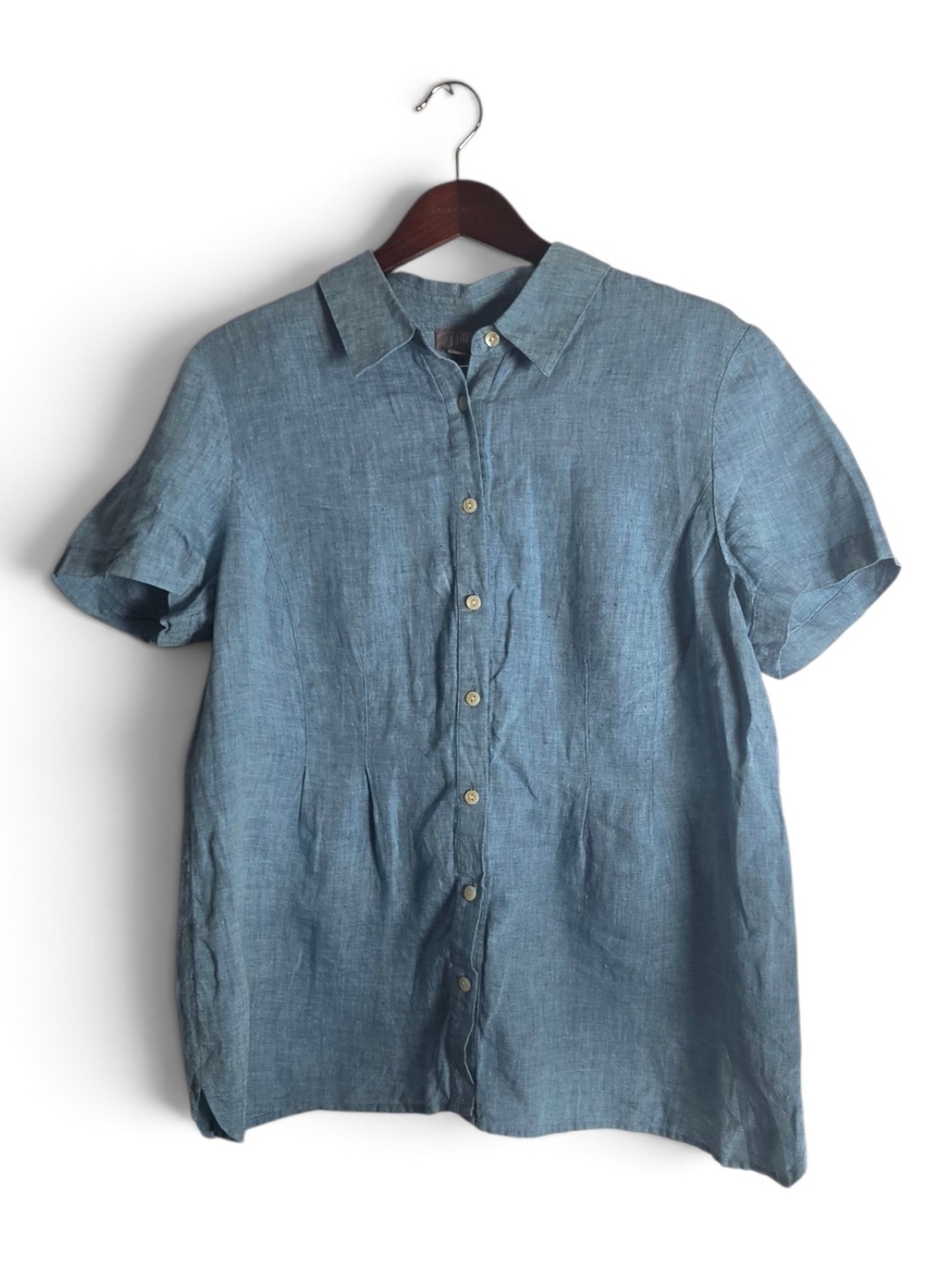 J. Jill Short-Sleeve Button-Front Linen Shirt - Teal Blue XL